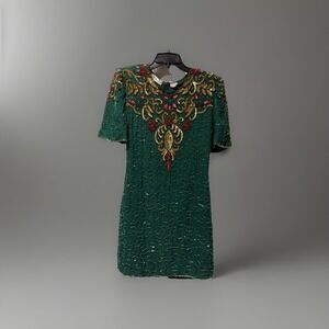 Vintage Scala Emerald Green Beaded Sequin Silk‎ Dress Size PS Holiday Festive